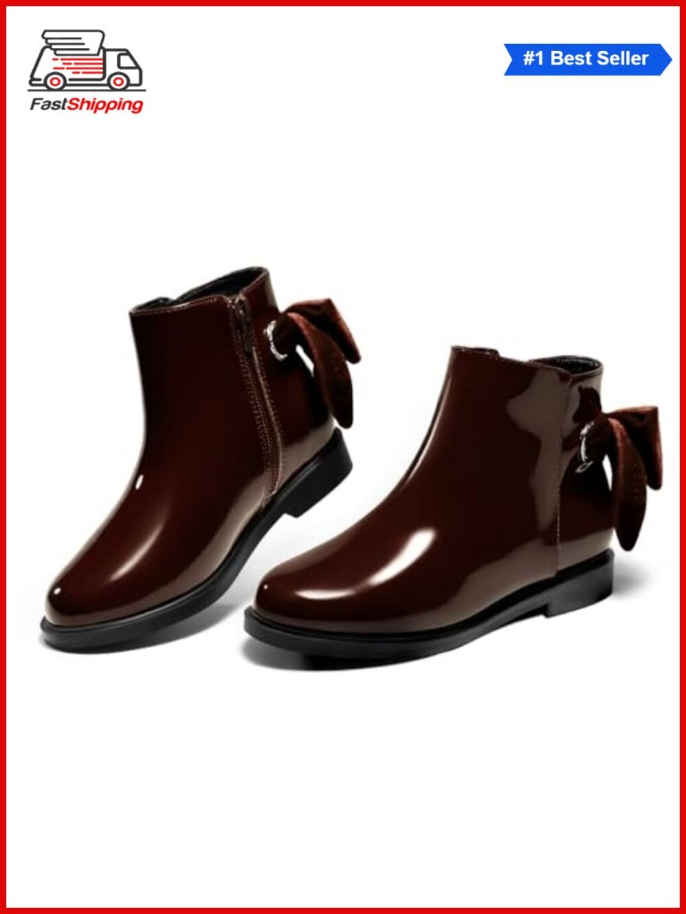 ✨ Girls Ankle Boots Faux Leather Velvet Bow Chunky Heel Side Zipper Dress